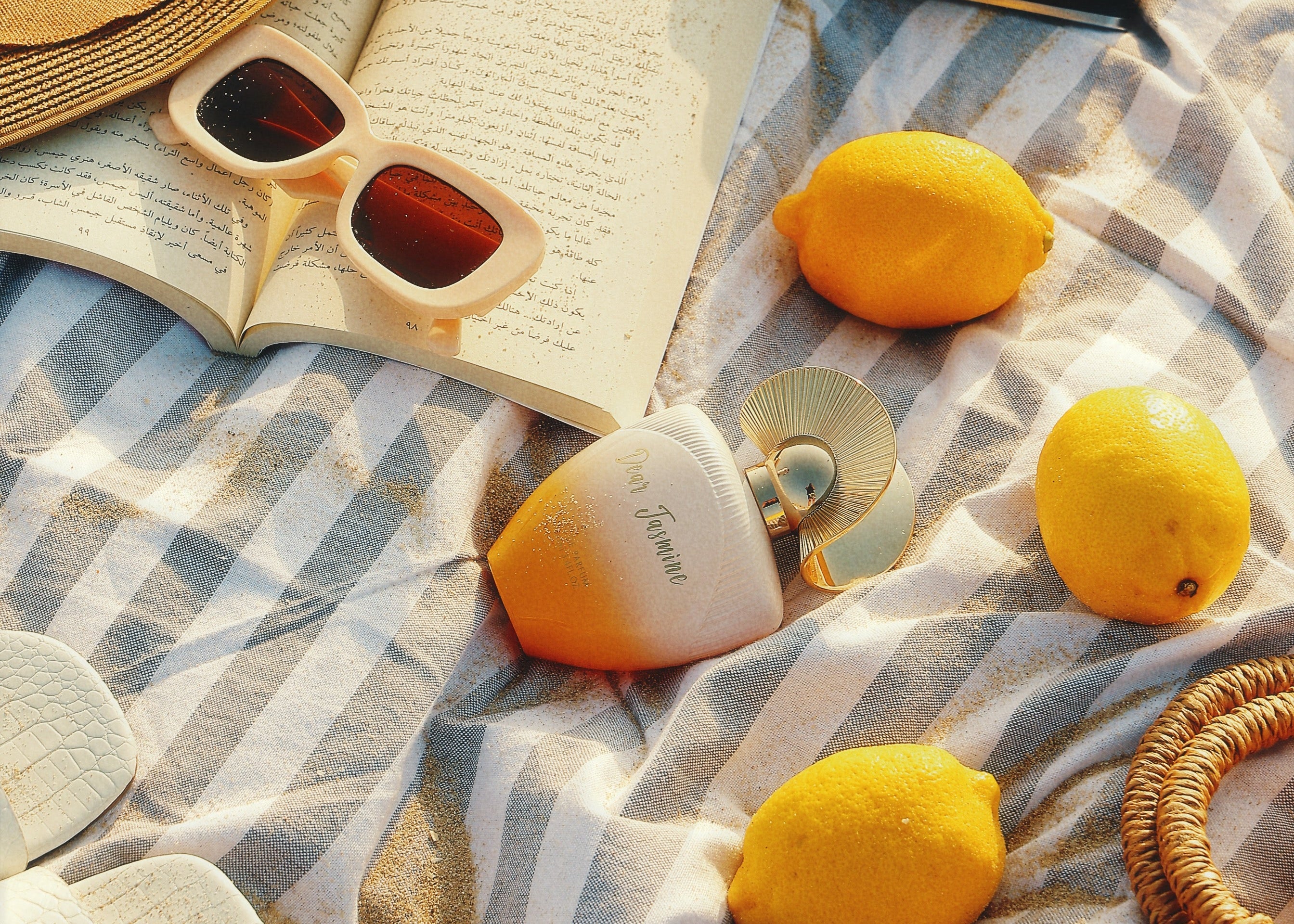 Beach scene with open book, sunglasses, camera, lemons, and straw hat on a checkered blanket.
