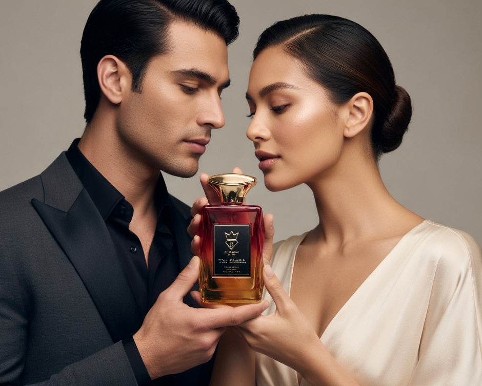 Man and woman holding a perfume bottle against a neutral background